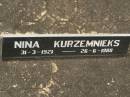 
Nina KURZEMNIEKS,
31-3-1921 - 26-6-1988;
Appletree Creek cemetery, Isis Shire
