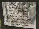 
Minnette GEE,
died 7 July 1948 aged 82 years,
relict;
William Jacob GEE,
died Sydney 17 July 1926 aged 58 years;
Norman Dudley GEE,
died 11 April 1973;
David Campbell TODD,
died 9-7-1988 aged 91 years;
Winifred Margery TODD nee GEE,
wife of David Campbell TODD,
died 1-4-83 aged 87 years;
Appletree Creek cemetery, Isis Shire
