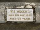 
William Edward WEGERT,
died 5 Nov 1953 aged 65 years;
Mary Jane WEGERT,
died 16 May 1958 aged 72 years;
Appletree Creek cemetery, Isis Shire

