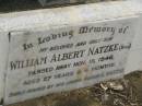 
Albert NATZKE,
husband father,
died 9 Dec 1941 aged 54 years;
William Albert (Bill) NATZKE,
son,
died 15 Nov 1946 aged 27 years 4 months,
missed by mother E. NATZKE;
Appletree Creek cemetery, Isis Shire
