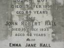 
Susan LOY,
died 19 Feb 1930 aged 84 years;
John Robert HALL,
died 16 July 1933 aged 48 years;
Emma Jane HALL,
died 21 July 1956 aged 87 years;
Appletree Creek cemetery, Isis Shire
