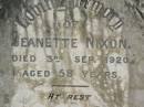 
Jeanette NIXON,
died 3 Sept 1920 aged 58 years;
George NIXON,
husband,
died 22 Nov 1924 aged 69 years;
Appletree Creek cemetery, Isis Shire
