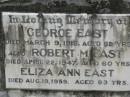 
George EAST,
died 9 March 1915 aged 52 years;
Robert M. EAST,
died 22 April 1947 aged 60 years;
Eliza Ann EAST,
died 19 Aug 1959 aged 93 years;
Jane Ann EAST,
died 27 May 1974 aged 83 years;
Appletree Creek cemetery, Isis Shire
