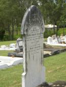 
Francis Robert DEIGHTON,
husband father,
accidentally killed Hapsburg Q
23 Aug 1915 aged 54 years;
Mary DEIGHTON,
mother,
died 30 Aug 1929 aged 64 years;
Appletree Creek cemetery, Isis Shire
