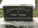 
Ann TODD,
died 29 April 1982;
Appletree Creek cemetery, Isis Shire
