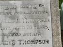 
Hubert William THOMPSON,
husband father,
died 5 July 1977 aged 78 years;
Hilda Gladys THOMPSON,
mother,
died 19 June 1986 aged 84 years;
Appletree Creek cemetery, Isis Shire
