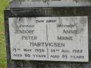 
Jendorf Peter HARTVIGSEN,
father,
died 15 May 1958 aged 68 years;
Annie Minnie HARTVIGSEN,
mother,
died 14 Aug 1082 aged 85 years;
Appletree Creek cemetery, Isis Shire
