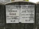 
Herman TASKE,
died 2 Oct 1954 aged 94 years;
Jane TASKE,
died 21 June 1952 aged 86 years;
Appletree Creek cemetery, Isis Shire
