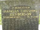 
Isabella Christina HENDERSON,
sister,
died 9 March 1976 aged 75 years;
Appletree Creek cemetery, Isis Shire
