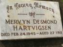 
Mervyn Desmond HARTVIGSEN,
died 24 Feb 1945 aged 27 years;
Appletree Creek cemetery, Isis Shire
