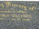 
Earl George GILLESPIE,
husband father,
died 14 Jan 1971 aged 59 years;
Jessie,
sister,
died 15 Jan 1971 aged 83 years;
Appletree Creek cemetery, Isis Shire
