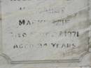 
John MACKENZIE,
accidentally killed 8 Aug 1925 aged 68 years;
Annie,
daughter,
died 16 Dec 1934 aged 23 years;
Margaret MACKENZIE,
died 27 Sept 1971 aged 94 years;
Appletree Creek cemetery, Isis Shire
