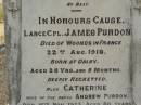 
Andrew PURDON,
husband father,
born Govan Scotland,
died 22 Oct 1915 aged 78 years;
Janes PURDON,
born Dalby,
died of wounds in France 22 Aug 1918
aged 28 years 5 months;
Catherine,
wife of Andrew PURDON,
died 16 Nov 1923 aged 80 years;
Appletree Creek cemetery, Isis Shire
