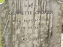 
Jeanette CROKER,
died 15 Sept 1911 aged 49 years;
Appletree Creek cemetery, Isis Shire
