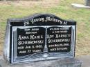 
Anna Marie SCHIBROWSKI,
mother,
died 5 Jan 1982 aged 77 years;
Roy Barnett SCHIBROWSKI,
husband father,
died 20 Nov 1960 aged 58 years;
Appletree Creek cemetery, Isis Shire

