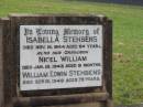 
Isabella STEHBENS,
died 15 Nov 1944 aged 64 years;
Nigel William,
grandson,
died 19 Jan 1943 aged 9 months;
William Edwin STEHBENS,
died 16 Sept 1949 aged 73 years;
Appletree Creek cemetery, Isis Shire
