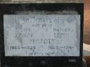 
George PHILPOTT,
father,
d1865 - 1929;
Edith PHILPOTT,
mother,
1866 - 1948;
Margery,
1902 - 1995;
Appletree Creek cemetery, Isis Shire
