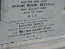 
J.H.E. BERTHEAU,
died 28 Dec 1903 aged 52 years;
Mary Anne,
wife,
died 22 July 1919 aged 62 years;
George Manus,
brother,
died 21 June 1923 aged 36 years;
Adeline Muriel BERTHEAU,
sister,
died 19 Aug 1940 aged 39 years;
Edmund James,
brother,
died 13 Sept 1948 aged 66 years;
Walter Henry Edma,
brother,
died 5 Dec 1948 aged 68 years;
Charles Zacharie BERTHEAU,
died 23 Jan 1957 aged 75 years;
Appletree Creek cemetery, Isis Shire
