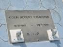 
Colin Robert PAMENTER,
dad,
15 Aug 1917 - 29 July 1991;
Kathleen Maureen PAMENTER,
mum,
12 July 1925 - 1 Sept 2002;
Appletree Creek cemetery, Isis Shire
