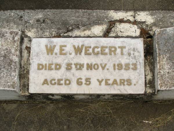 William Edward WEGERT,  | died 5 Nov 1953 aged 65 years;  | Mary Jane WEGERT,  | died 16 May 1958 aged 72 years;  | Appletree Creek cemetery, Isis Shire  | 