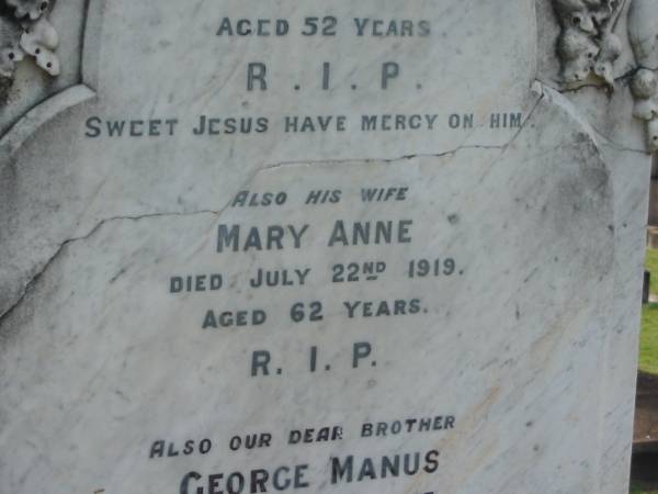 J.H.E. BERTHEAU,  | died 28 Dec 1903 aged 52 years;  | Mary Anne,  | wife,  | died 22 July 1919 aged 62 years;  | George Manus,  | brother,  | died 21 June 1923 aged 36 years;  | Adeline Muriel BERTHEAU,  | sister,  | died 19 Aug 1940 aged 39 years;  | Edmund James,  | brother,  | died 13 Sept 1948 aged 66 years;  | Walter Henry Edma,  | brother,  | died 5 Dec 1948 aged 68 years;  | Charles Zacharie BERTHEAU,  | died 23 Jan 1957 aged 75 years;  | Appletree Creek cemetery, Isis Shire  | 