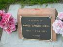 
Agnes BROWN (KEIR),
1933 - 23-6-1933;
Barney View Uniting cemetery, Beaudesert Shire
