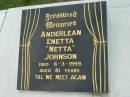 
Anderlean Enetta (Netta) JOHNSON,
died 6-3-1999 aged 81 years;
Frederick William Haswell JOHNSON,
died 29-9-1979 aged 76 years;
Barney View Uniting cemetery, Beaudesert Shire

