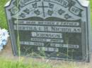 
Bertha JOHNSON, mother,
died 13-5-1955;
H. Nicholas JOHNSON, father,
died 12-12-1962;
Barney View Uniting cemetery, Beaudesert Shire

