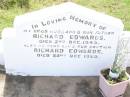 
Richard EDWARDS,
husband father,
died 2 Dc 1943;
Richard EDWARDS,
son brother,
died 22 Dec 1929;
Bell cemetery, Wambo Shire
