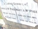 
Donald MCPHEE,
died 19 Jan 1937 aged 58 years;
Mary A. MCPHEE,
died 11 Dec 1917 aged 38 years;
Bell cemetery, Wambo Shire
