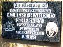 
Albert Harold SHERVEY,
brother,
died 21-4-1994 aged 78 years;
Bell cemetery, Wambo Shire
