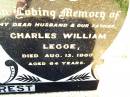 
Mary Alice LEGGE,
died 6 Nov 1991 aged 87 years;
Charles William LEGGE,
husband father,
died 13 Aug 1960 aged 64 years;
Bell cemetery, Wambo Shire
