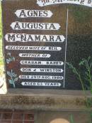 
Agnes Augusta MCNAMARA,
wife of Neil,
mother of Graham, Barry, Don & Winston,
died 29 Aug 1980 aged 63 years;
Bell cemetery, Wambo Shire
