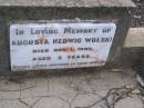 
Augusta Hedwig WOLSKI,
died 1 Nov 1905 aged 2 years;
Bergen Djuan cemetery, Crows Nest Shire
