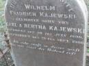 
Wilhelm Fridrich KAJEWSKI,
son of Carl & Bertha KAJEWSKI,
born 30 July 1890 died 21 Sept 1906;
Bergen Djuan cemetery, Crows Nest Shire
