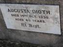 
Wilhelm DIOTH,
father,
died 28 July 1928 aged 65 years;
Augusta DIOTH,
mother,
died 14 Oct 1930 aged 60 years;
Bergen Djuan cemetery, Crows Nest Shire
