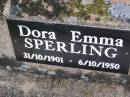 
Dora Emma SPERLING,
31-10-1901 - 6-10-1950;
Bergen Djuan cemetery, Crows Nest Shire
