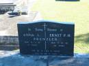 
Anna L PRENZLER
12 Apr 1985
aged 73

Ernst P H PRENZLER
13 Oct 1988
aged 86

Bethania (Lutheran) Bethania, Gold Coast
