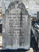 
Christian F W MOHR
22 Sep 1932
aged 70

brother John (MOHR)
19 Aug 1941
aged 76

Bethania (Lutheran) Bethania, Gold Coast
