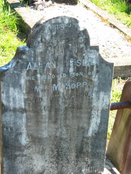 Allan Leslie KOPP  | (son of W and M KOPP)  | 7 Nov 1906  | aged 10 weeks  |   | Bethania Lutheran Church, Bethania, Gold Coast  | 