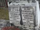 
Ferdinand Frederich SCHMIDT
23 May 1947
aged 91

Friedericke Wilhelmine Albertine SCHMIDT
21 Sep 1953
aged 87

Bethel Lutheran Cemetery, Logan Reserve (Logan City)

