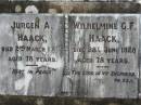 
Jurgen A HAACK
2 Mar 1925
aged 78

Wilhelmine G F HAACK
28 Jun 1928
aged 78

Bethel Lutheran Cemetery, Logan Reserve (Logan City)

