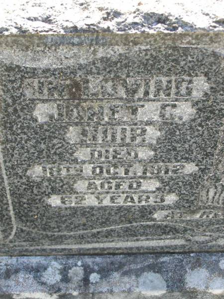 Janet C. MUIR,  | died 18 Oct 1912 aged 62 years;  | James MUIR,  | died 24 Feb 1955 aged 85 years;  | Blackbutt-Benarkin cemetery, South Burnett Region  | 