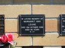 
Margaret Ann LEANE,
died 13 Oct 1996 aged 86 years;
Blackbutt-Benarkin cemetery, South Burnett Region

