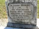 
Eileen May YOUNG,
mother,
died 18 April 1966 aged 54 years;
Blackbutt-Benarkin cemetery, South Burnett Region
