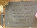 
Leslie NEAL,
died 15 March 1992 aged 73 years;
Bribie Island Memorial Gardens, Caboolture Shire
