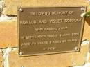 
Ronald COPPOCK,
died 18 Sept 1999 aged 79 years;
Violet COPPOCK,
died 3 June 2005 aged 89 years;
Bribie Island Memorial Gardens, Caboolture Shire
