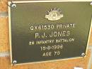 
P.J. JONES,
died 15-8-1996 aged 70 years;
Bribie Island Memorial Gardens, Caboolture Shire
