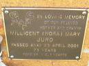 
Millicent (Nora) Mary JURD,
mother granny,
died 23 April 2001 aged 79 years;
Bribie Island Memorial Gardens, Caboolture Shire
