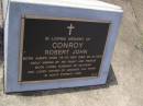 
Robert John CONROY,
born Ajmer India 19-12-1924 died 29-12-2005,
husband of Delphine,
father of Jennifer & Peter;
Brookfield Cemetery, Brisbane
